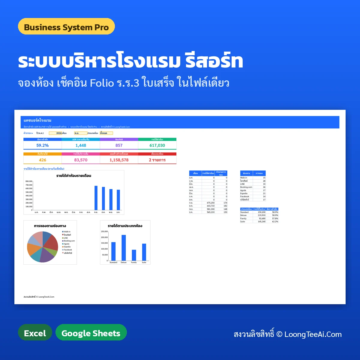 ระบบบริหารโรงแรม รีสอร์ท Excel / Google Sheets (Business System Pro)