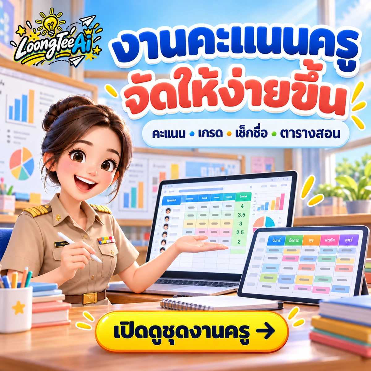 เทมเพลตครู คะแนน เกรด เช็คชื่อ ตารางสอน