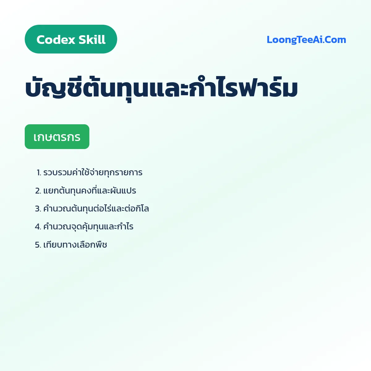 Skill บัญชีต้นทุนและกำไรฟาร์ม (Codex) — เกษตรกร