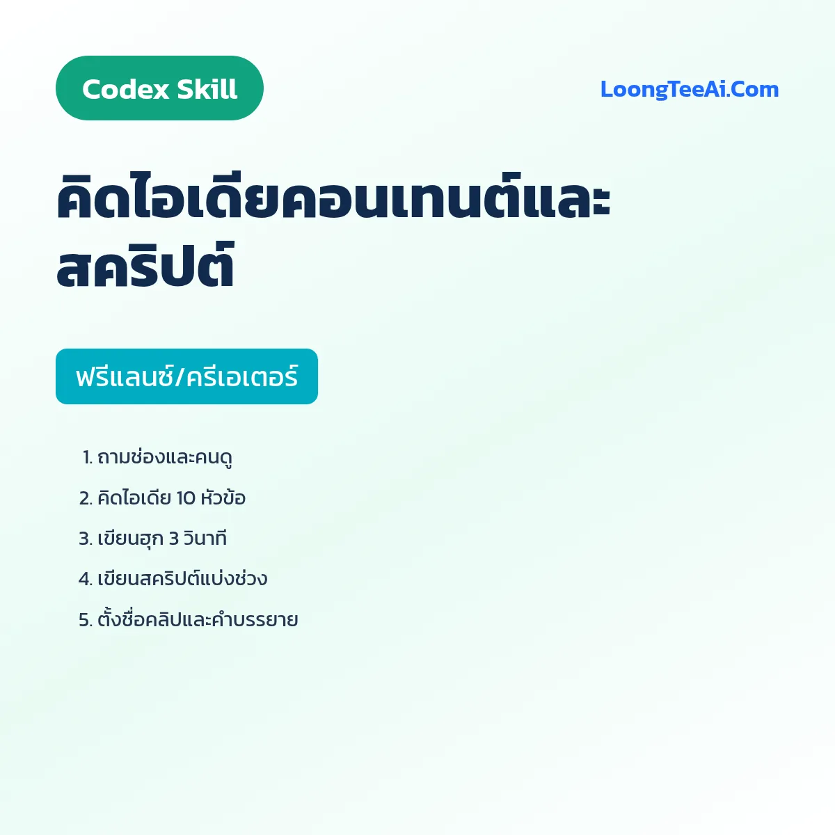 Skill คิดไอเดียคอนเทนต์และสคริปต์ (Codex) — ฟรีแลนซ์/ครีเอเตอร์