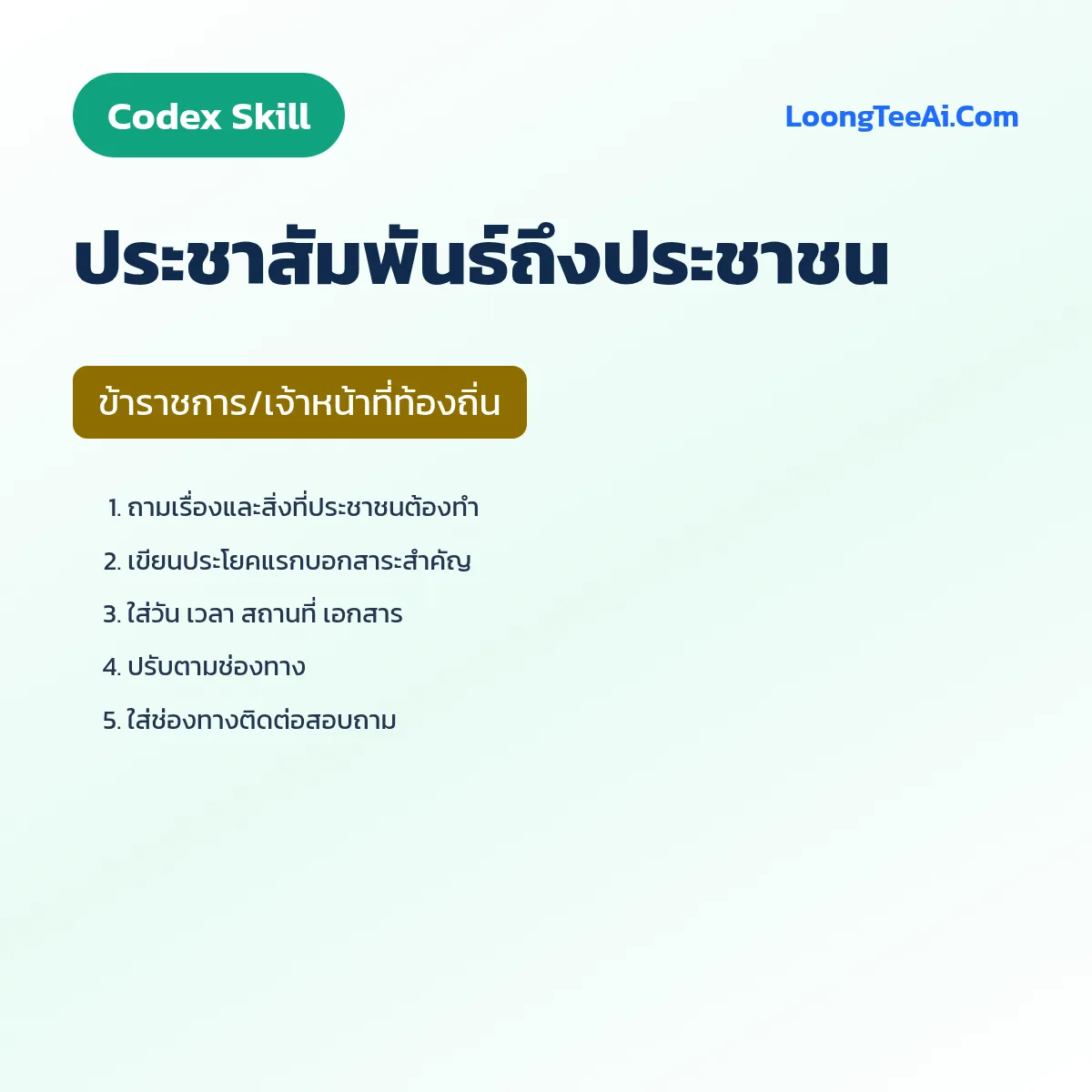Skill ประชาสัมพันธ์ถึงประชาชน (Codex) — ข้าราชการ/เจ้าหน้าที่ท้องถิ่น
