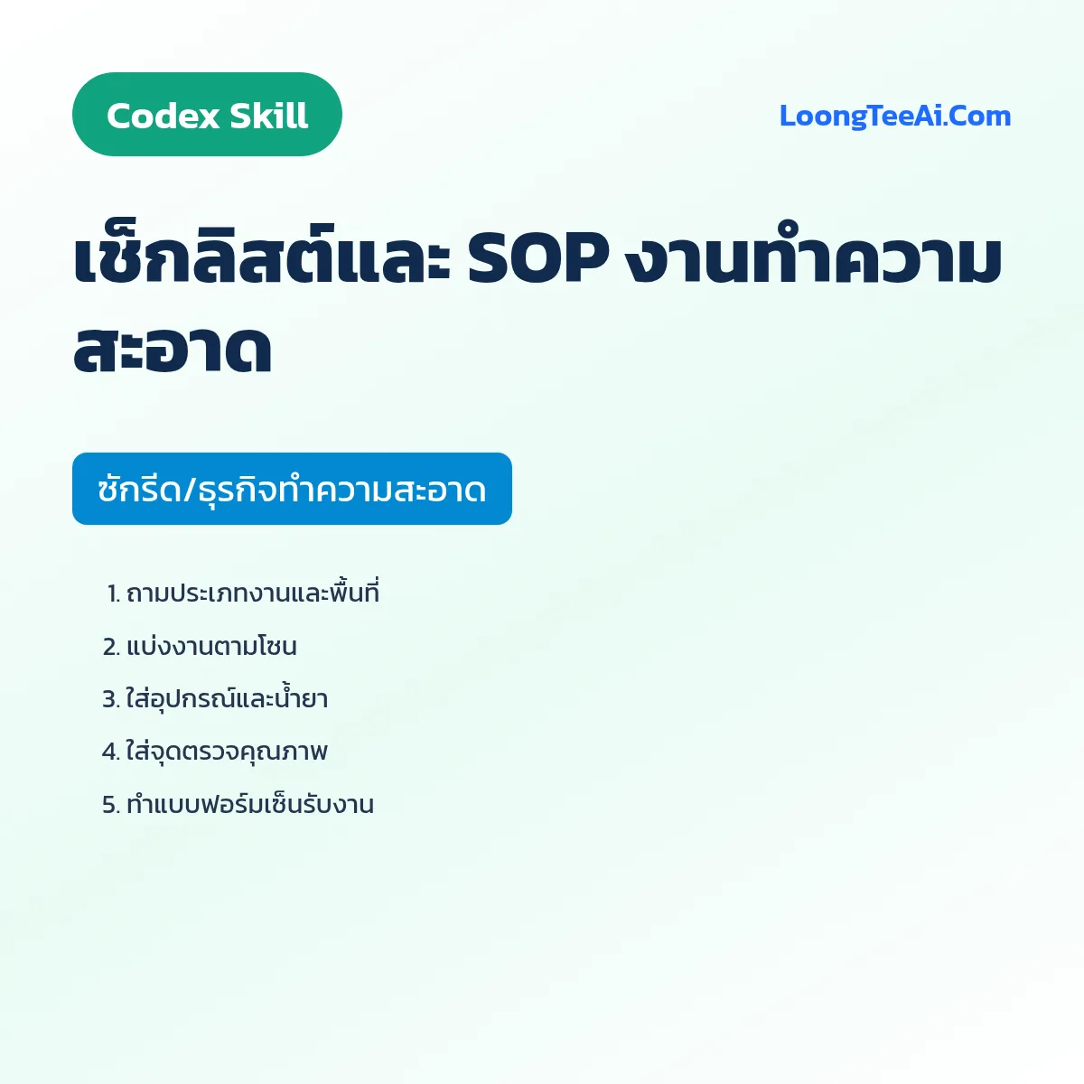 Skill เช็กลิสต์และ SOP งานทำความสะอาด (Codex) — ซักรีด/ธุรกิจทำความสะอาด