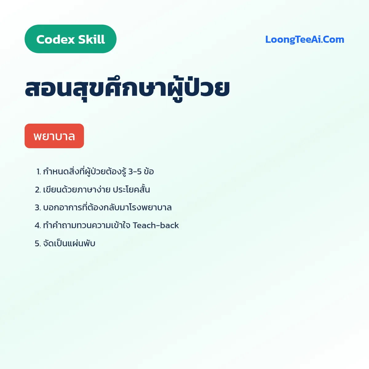 Skill สอนสุขศึกษาผู้ป่วย (Codex) — พยาบาล