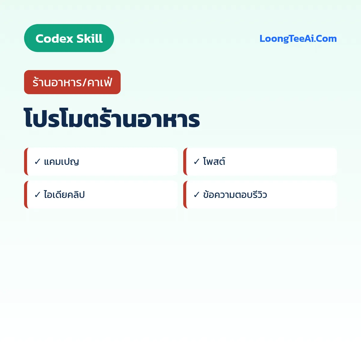 Skill โปรโมตร้านอาหาร (Codex) — ร้านอาหาร/คาเฟ่