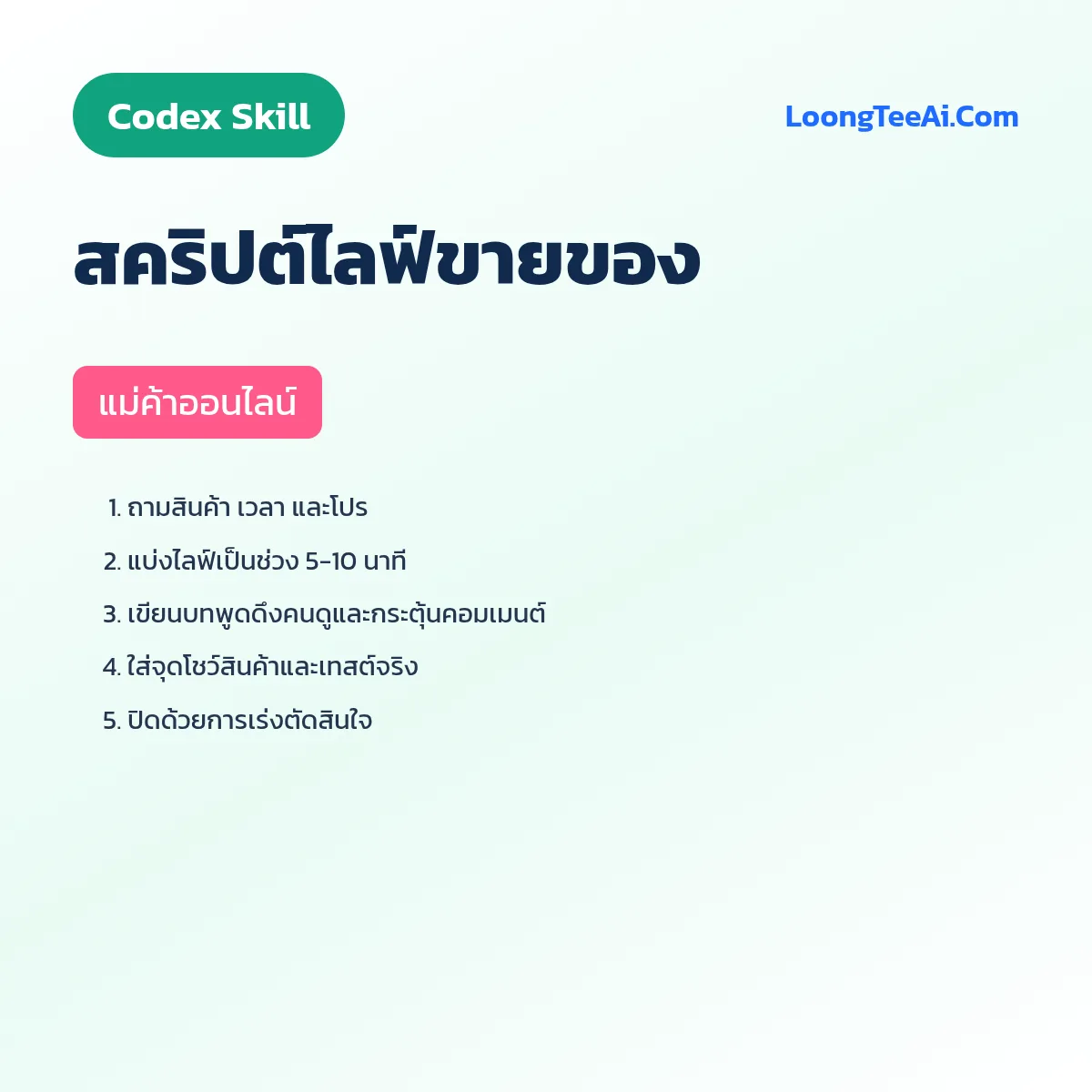 Skill สคริปต์ไลฟ์ขายของ (Codex) — แม่ค้าออนไลน์