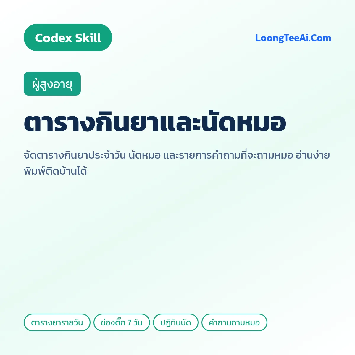 Skill ตารางกินยาและนัดหมอ (Codex) — ผู้สูงอายุ