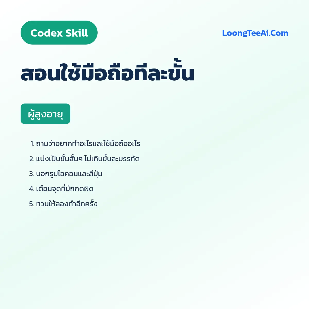 Skill สอนใช้มือถือทีละขั้น (Codex) — ผู้สูงอายุ