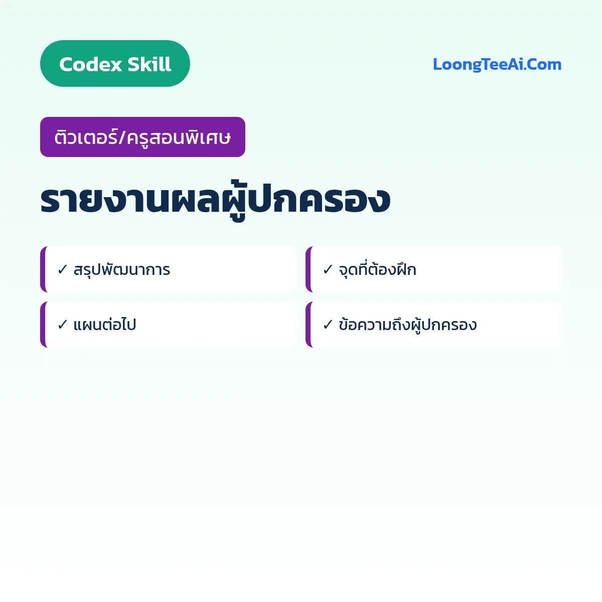 Skill รายงานผลผู้ปกครอง (Codex) — ติวเตอร์/ครูสอนพิเศษ