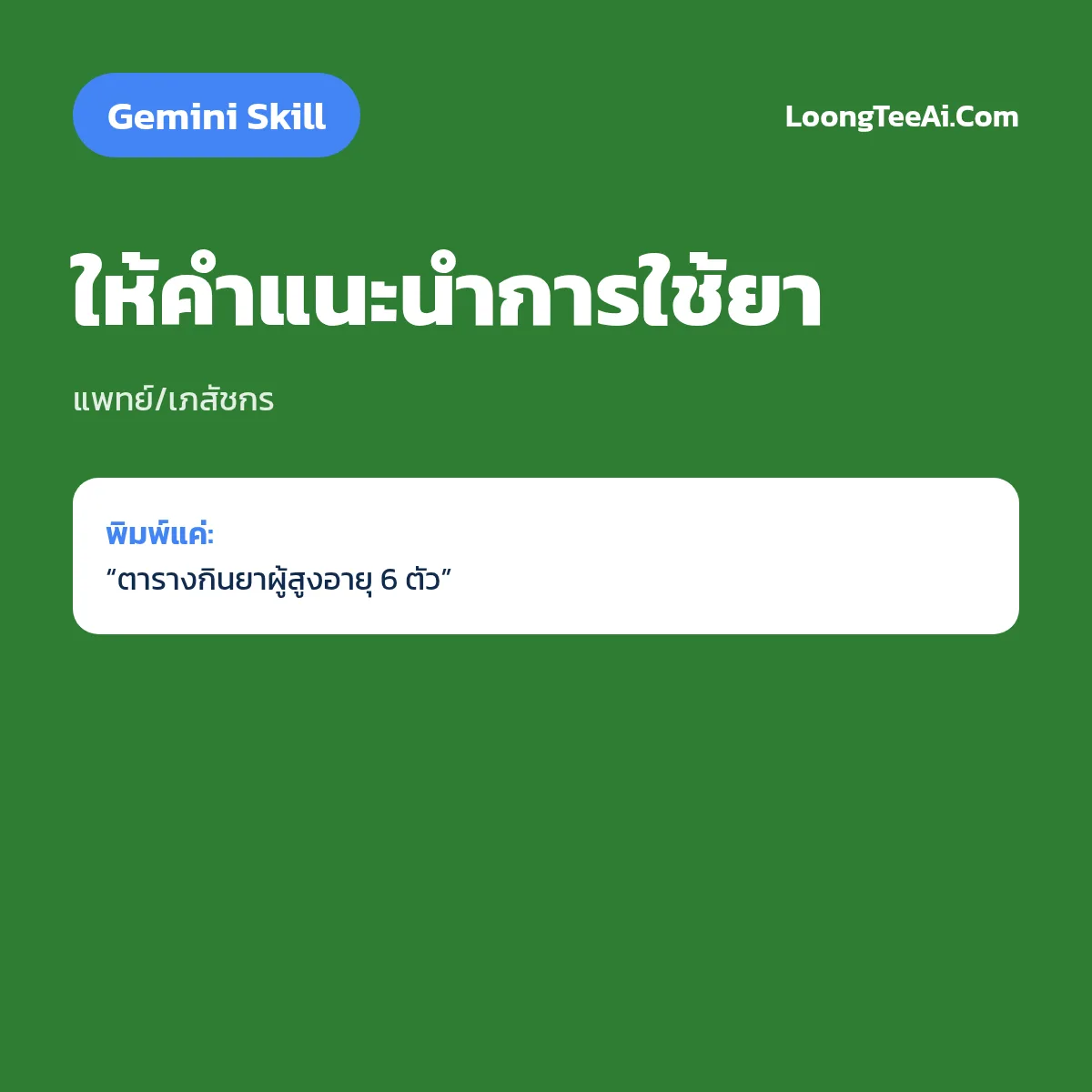 Skill ให้คำแนะนำการใช้ยา (Gemini) — แพทย์/เภสัชกร