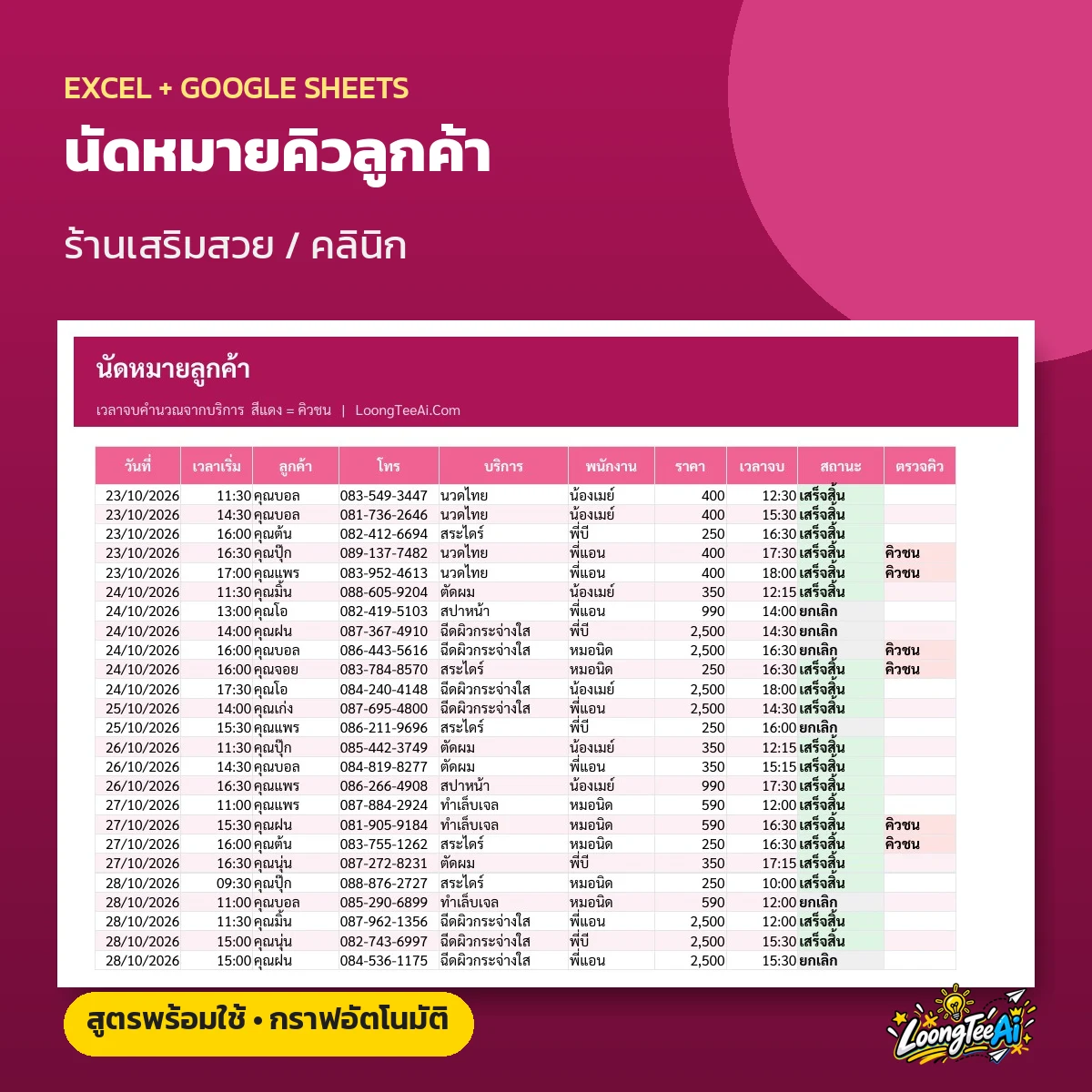 เทมเพลตนัดหมายคิวลูกค้า ร้านเสริมสวย คลินิก